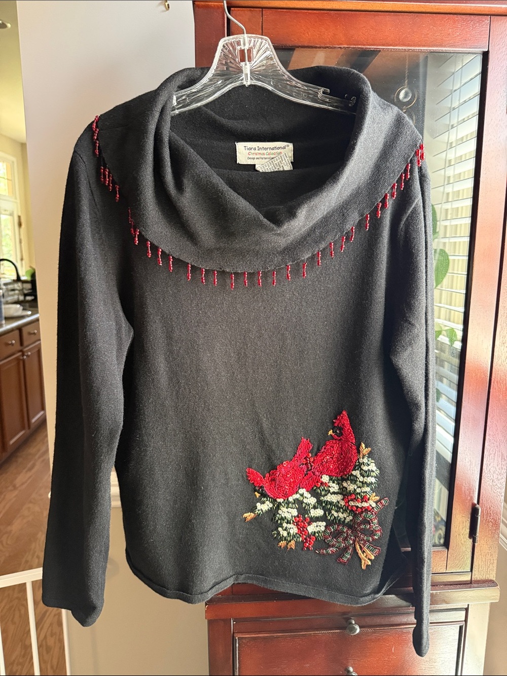 Tiana International Black Cowl Neck Sweater with Red Cardinal Motif Christmas